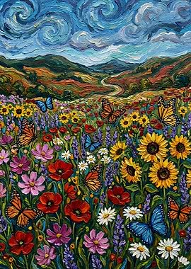 Vibrant Floral Meadow with Butterflies Painting