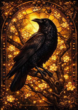 Raven Perched on Blossoming Branch