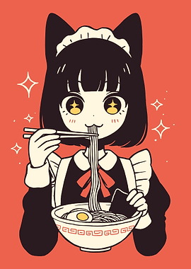 Anime Maid Eating Ramen Illustration