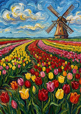 Tulip Field with Windmill Painting