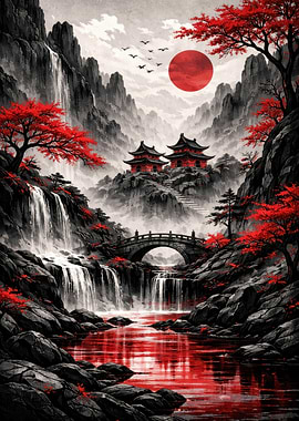Japanese Landscape with Red Accents