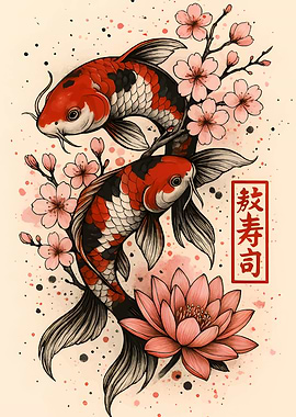 Koi Fish and Cherry Blossom Art