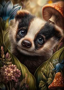 Cute Badger in Flowers