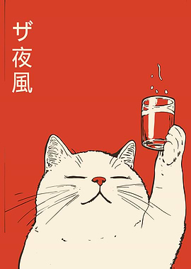 Cat with Drink Japanese Art