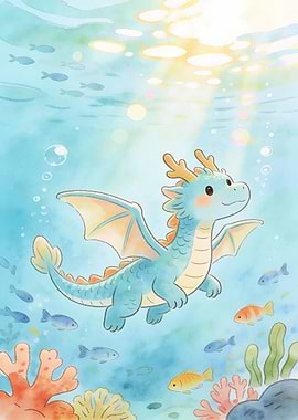 Cute Dragon Underwater Illustration