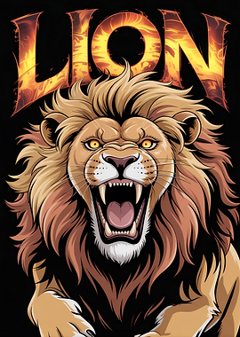 Roaring Lion with Fiery Text