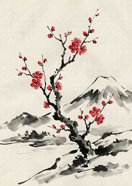 Japanese Plum Blossom and Mountain Ink