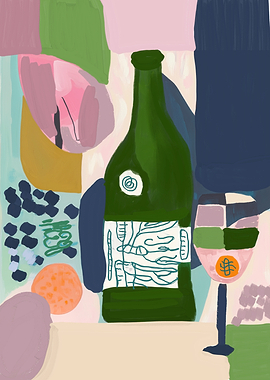 Abstract Wine Bottle and Glass Still Life