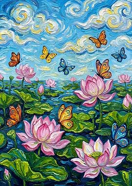 Lotus Flowers and Butterflies Painting