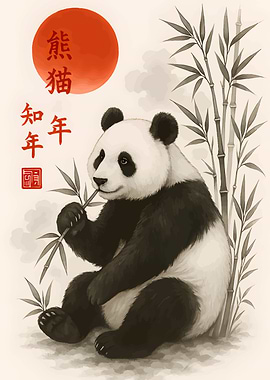 Panda with Bamboo and Red Sun