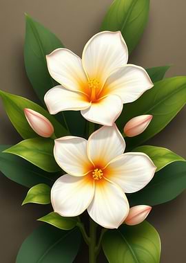 Plumeria Flowers with Green Leaves