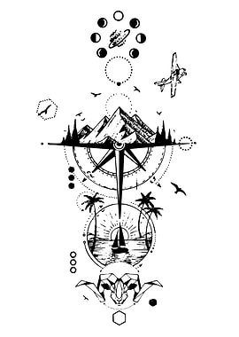 Black and White Travel Tattoo Design