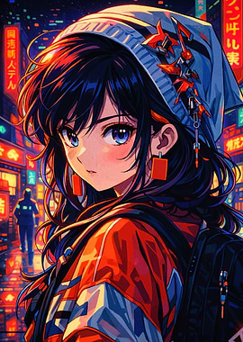 Anime Girl in Neon Cityscape