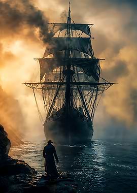 Mysterious Ship and Figure on Coast