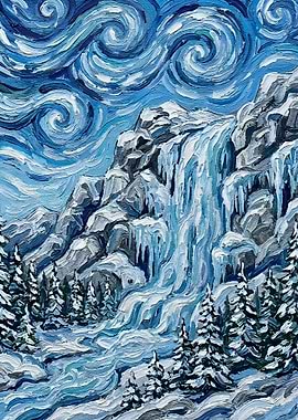 Winter Waterfall Landscape Painting