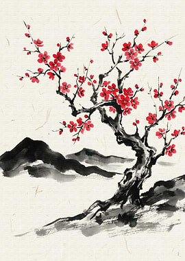 Red Blossom Tree Ink Painting