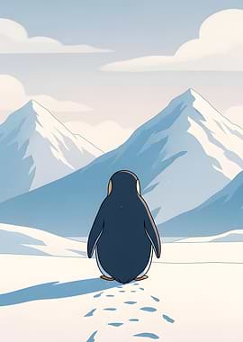 Penguin in Snowy Mountain Landscape
