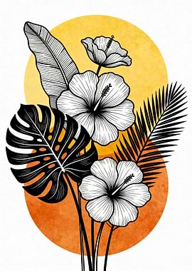 Tropical Flowers and Leaves Illustration