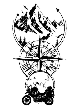 Motorcycle Adventure Compass Mountain Black and White