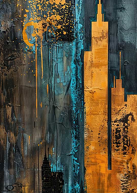 Abstract Cityscape Painting with Gold and Blue