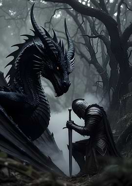 Knight and Dragon in Dark Forest