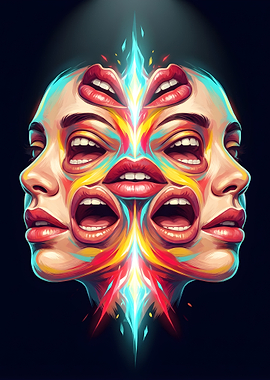 Surreal Face with Multiple Mouths
