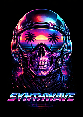 Synthwave Skull with Sunset Reflection