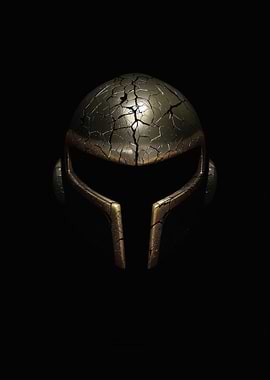 Cracked Metallic Helmet on Black Background