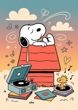 Snoopy and Woodstock Listening to Music