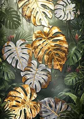 Golden Monstera Leaves in Tropical Setting