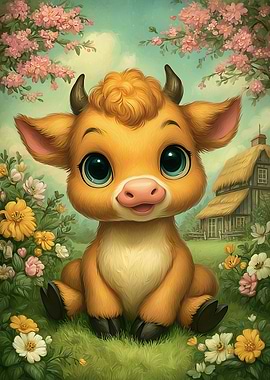 Cute Cartoon Calf in Floral Meadow