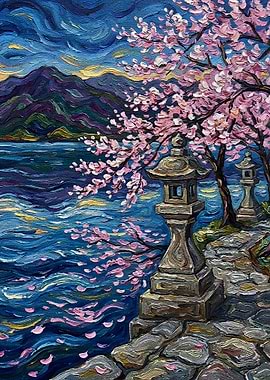Cherry Blossoms and Stone Lanterns Painting