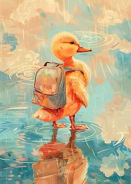 Duckling with Backpack in the Rain