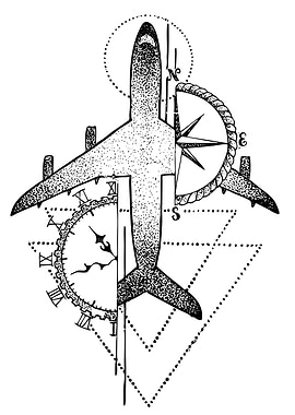 Airplane, Compass, and Clock Illustration