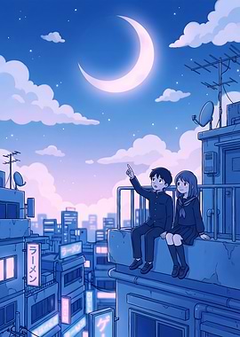 Rooftop Anime Couple & Crescent Moon
