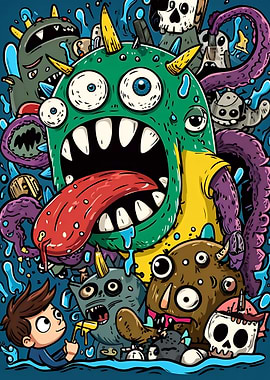 Cartoon Monsters and Boy Illustration