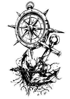 Anchor and Compass Black and White Art