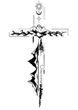 Mountain and Forest Cross Tattoo Design