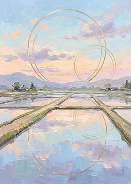Rice Fields with Reflective Water – Japanese Landscape Pastel Art