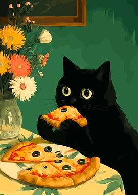 Black Cat Eating Pizza Art