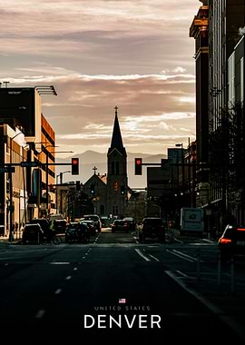 Denver cityscape with church and mountains