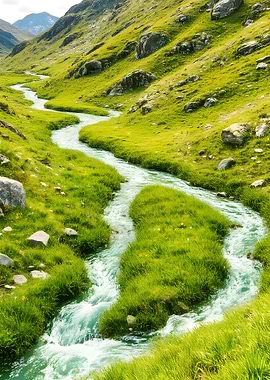 Mountain Stream Through Green Valley