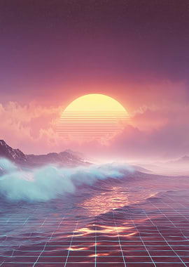 Synthwave Sunset Ocean Grid