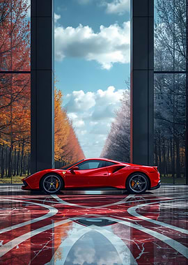 Red Ferrari in Autumnal Setting