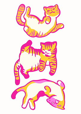 Three Cats in Pink and Yellow