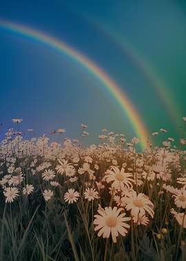 Daisy field with double rainbow