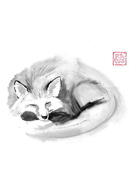 Sleeping Fox Sumi-e Ink Painting