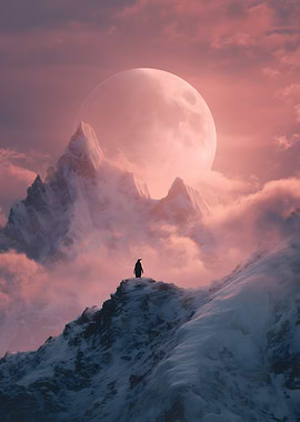 Penguin meme on Snowy Peak with Moon