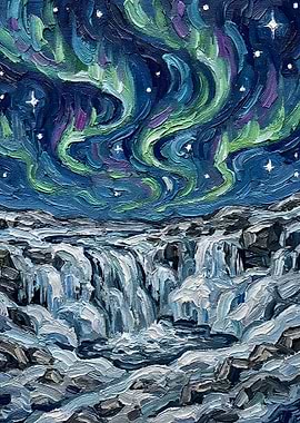 Aurora Borealis over Waterfall Painting