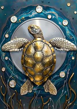 Golden Turtle in Ocean Art